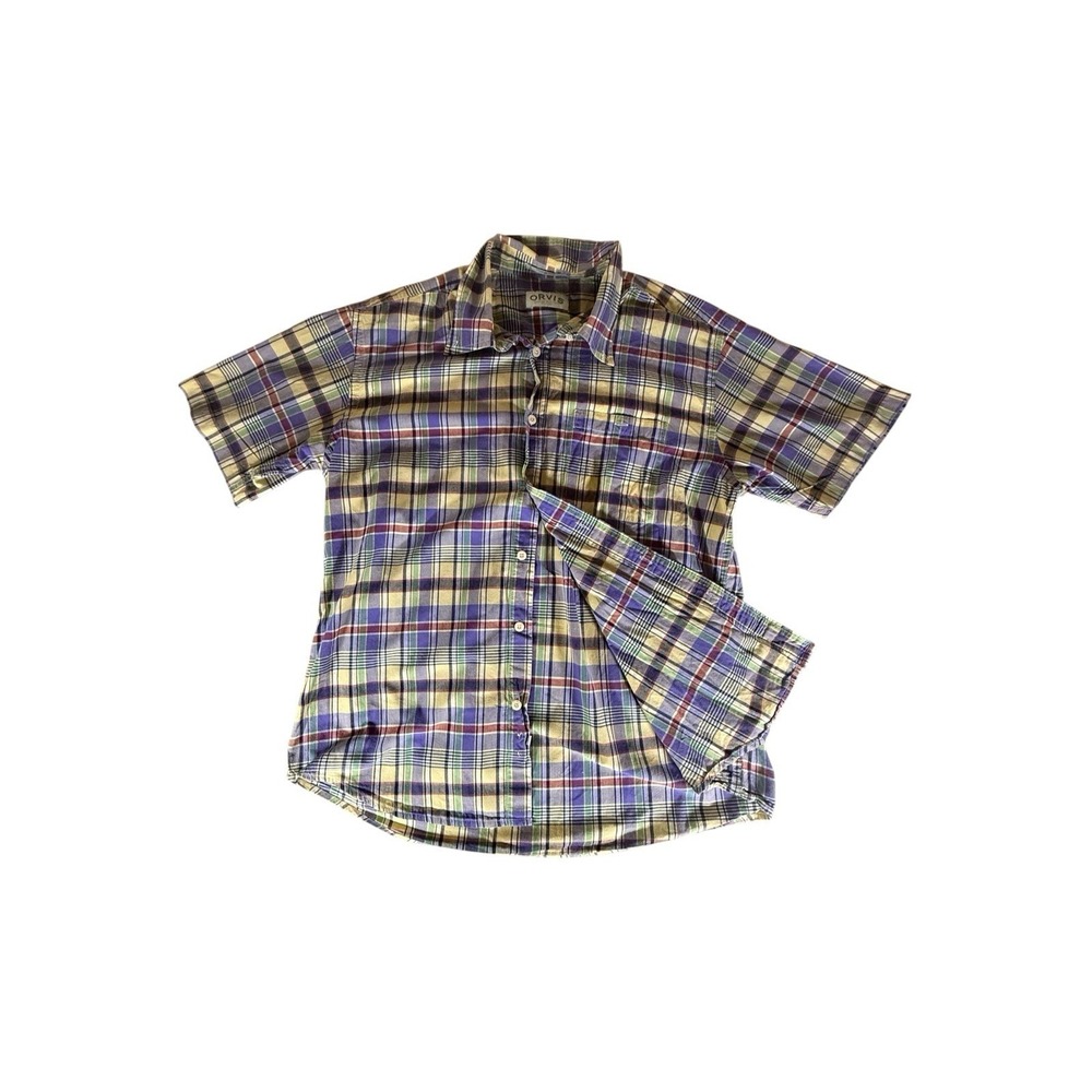 Orvis Shirt Adult Extra Large Beige Blue Multicolor Tartan Plaid Button Down Men